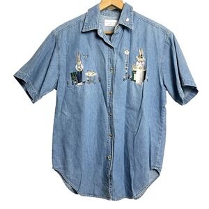 VTG Embroidered Denim Button Down Shirt cottage bunny rabbit 90s farm core Small